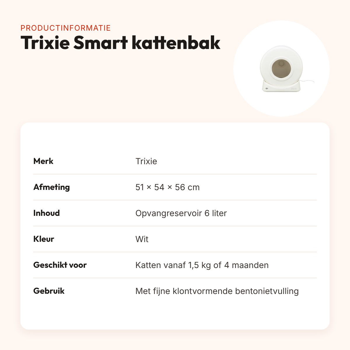 Trixie zelfreinigende kattenbak Smart wit 51 x 54 x 56 cm – met app – productinformatie