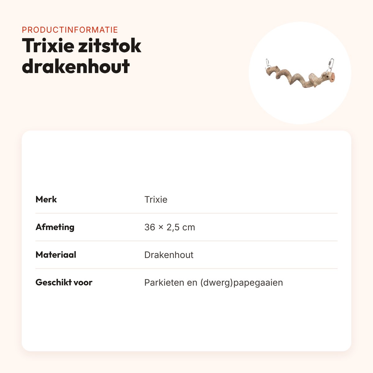 Trixie zitstok hangend drakenhout 36 x 2,5 cm – voor vogels – productinformatie