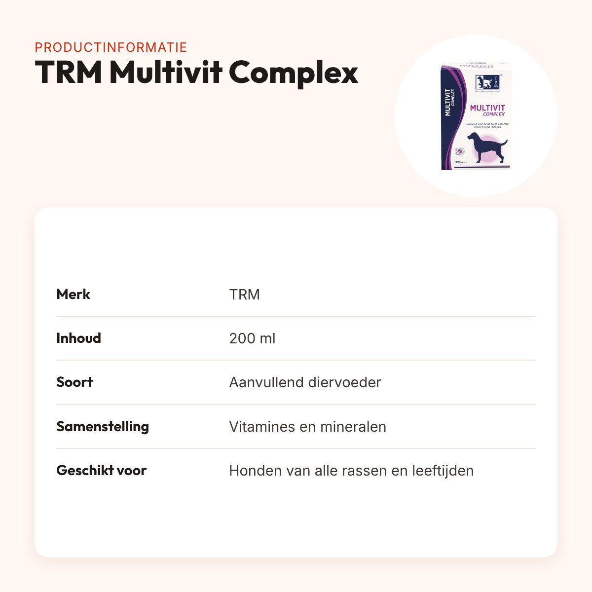 TRM Multivit Complex 200 ml – vitaminen en mineralen voor honden – productinformatie