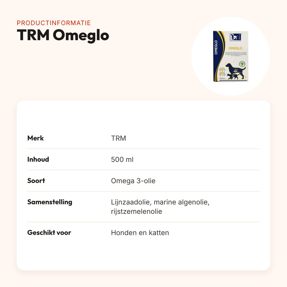 TRM Omeglo 500 ml – omega 3-olie voor honden en katten – productinformatie