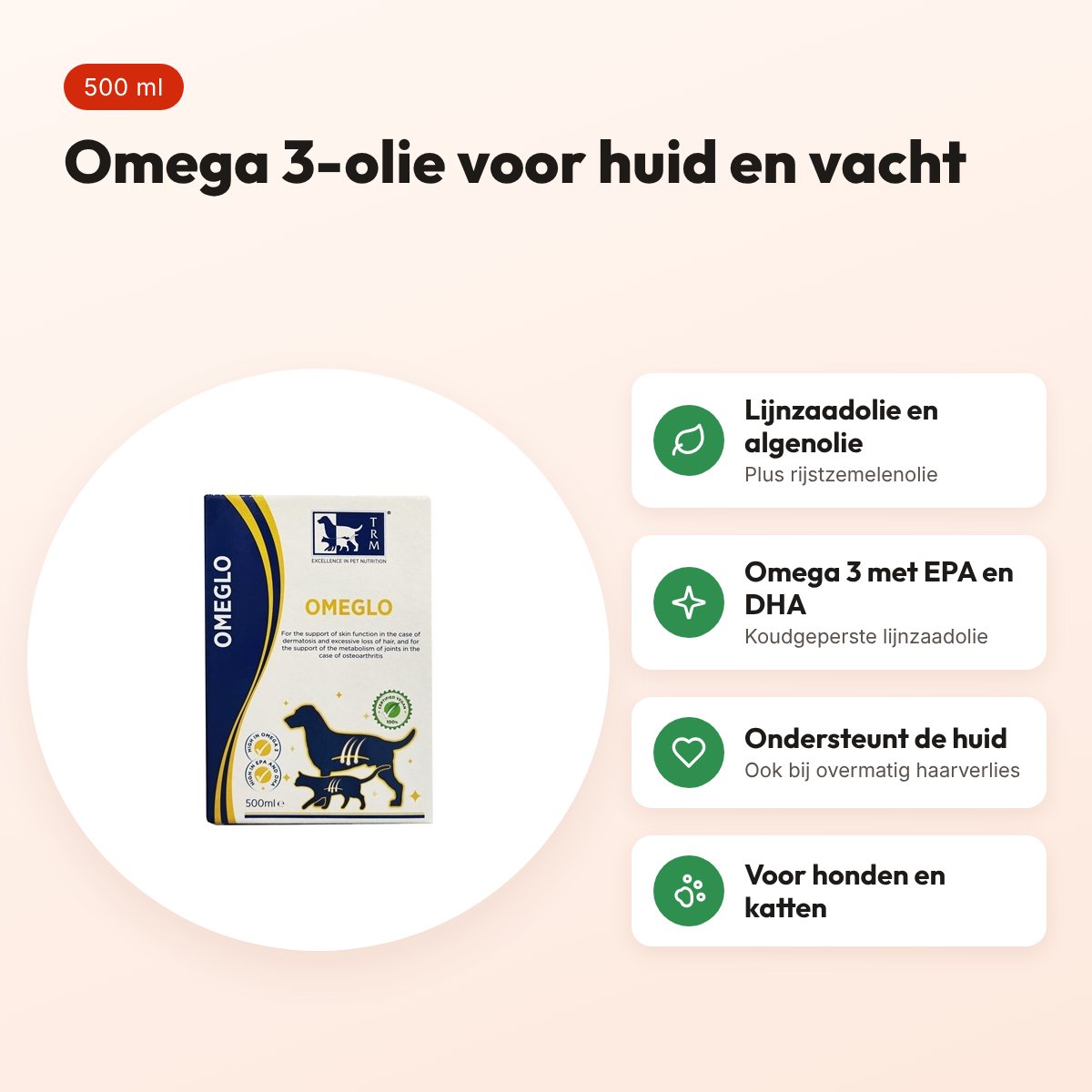 TRM Omeglo 500 ml – omega 3-olie voor honden en katten – voordelen