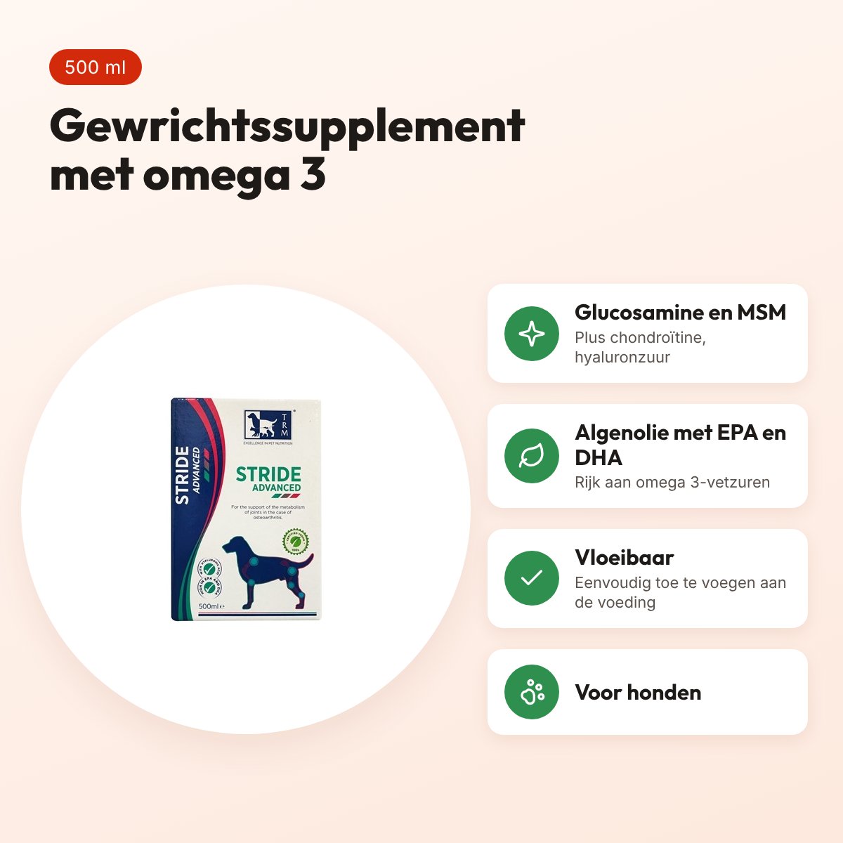 TRM Stride Advanced 500 ml – gewrichtssupplement voor honden – voordelen