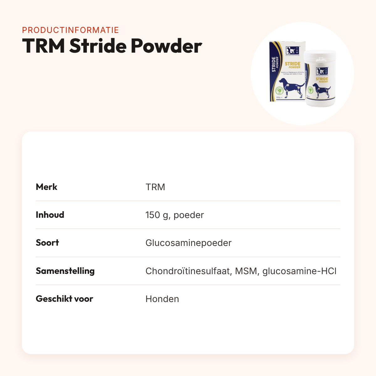 TRM Stride Powder 150 g – glucosaminepoeder voor honden – productinformatie