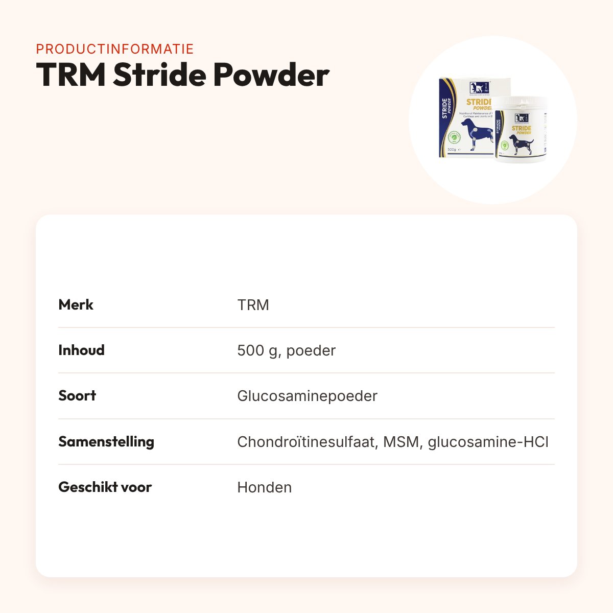 TRM Stride Powder 500 g – glucosaminepoeder voor honden – productinformatie
