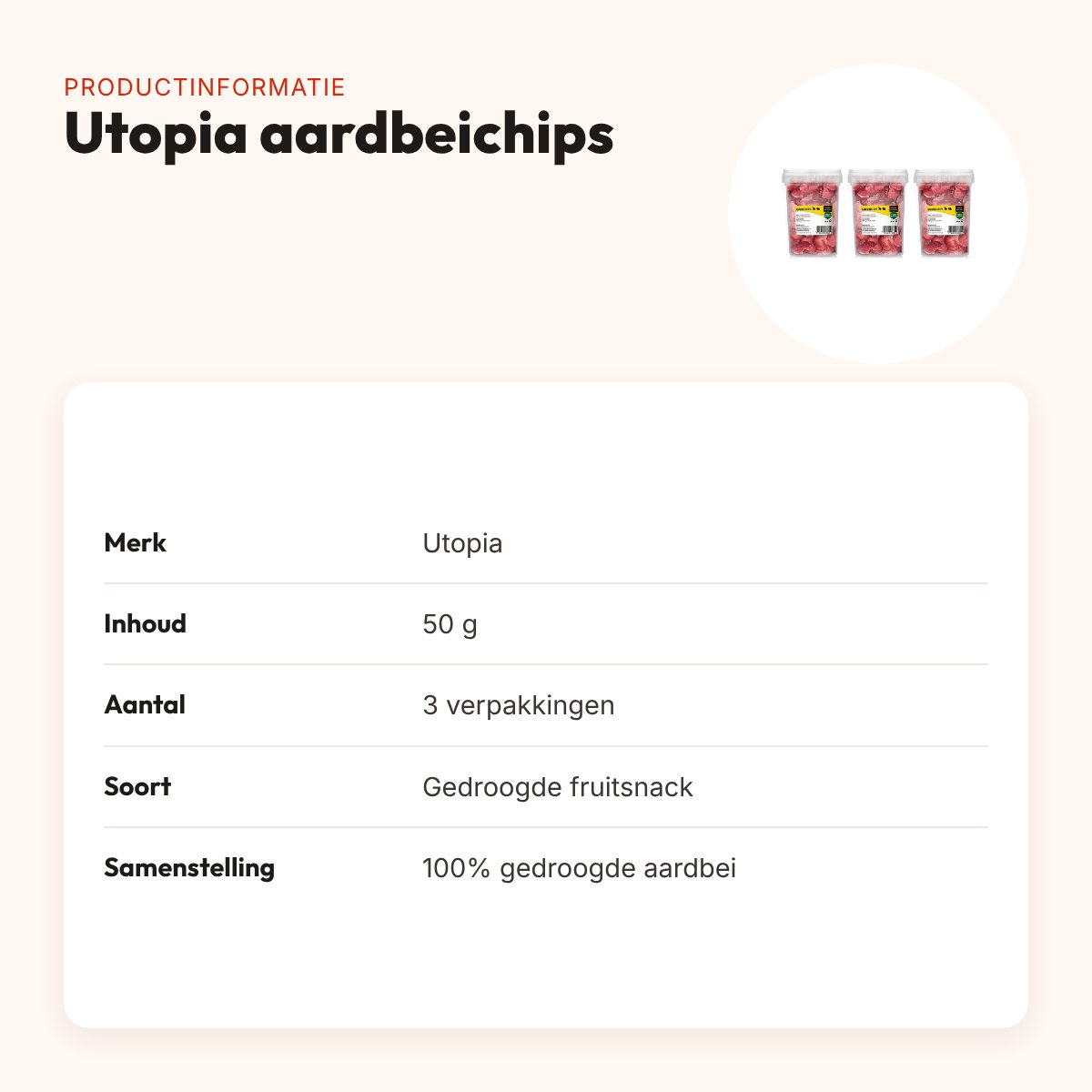 Utopia aardbeichips 50 g – gedroogde fruitsnack, multipack 3 stuks – productinformatie