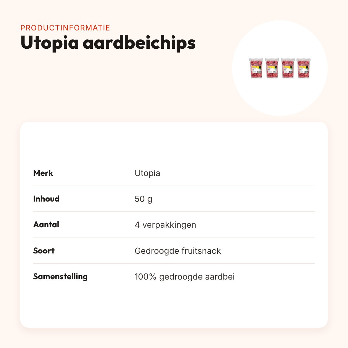 Utopia aardbeichips 50 g – gedroogde fruitsnack – multipack 4 stuks – productinformatie