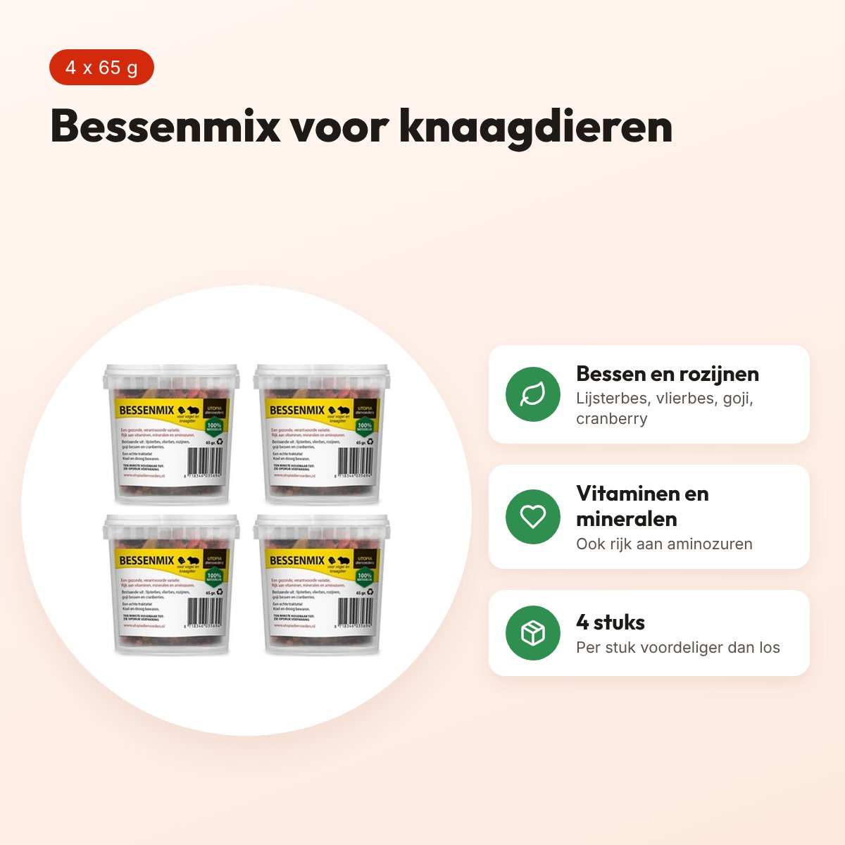 Utopia bessenmix knaagdieren 65 g – met goji en vlierbes, multipack 4 stuks – voordelen