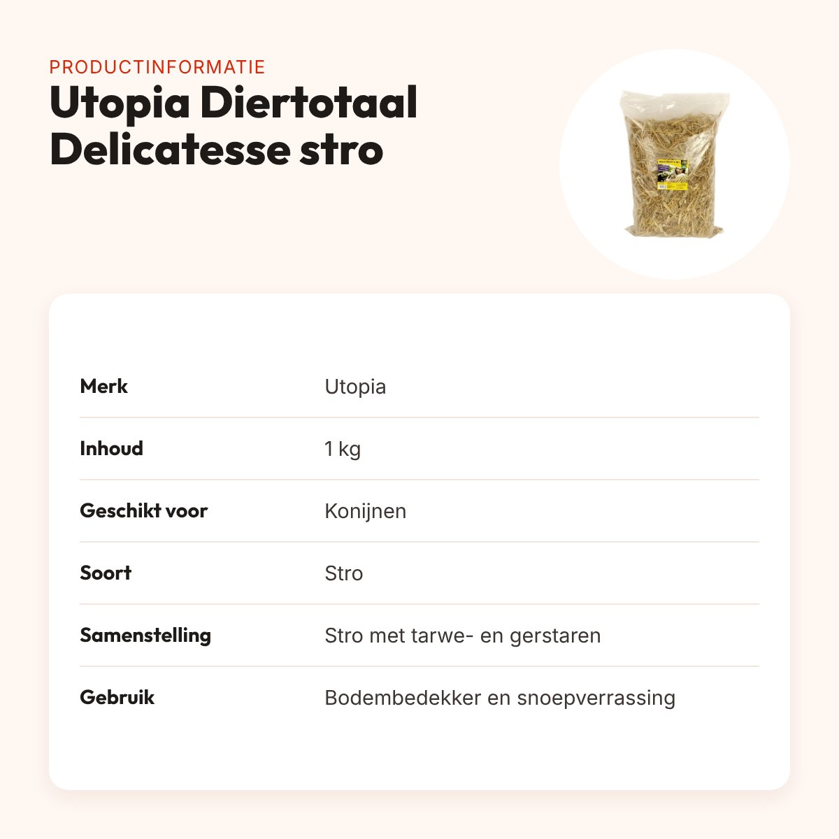 Utopia Diertotaal Delicatesse stro 1 kg – bodembedekker voor konijnen – productinformatie