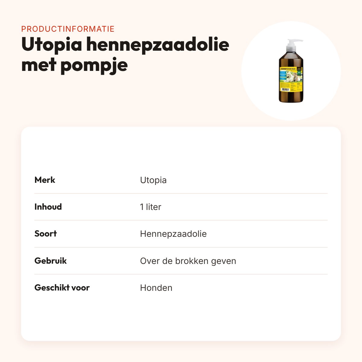 Utopia Diertotaal hennepzaadolie 1 liter met pompje – hond – productinformatie