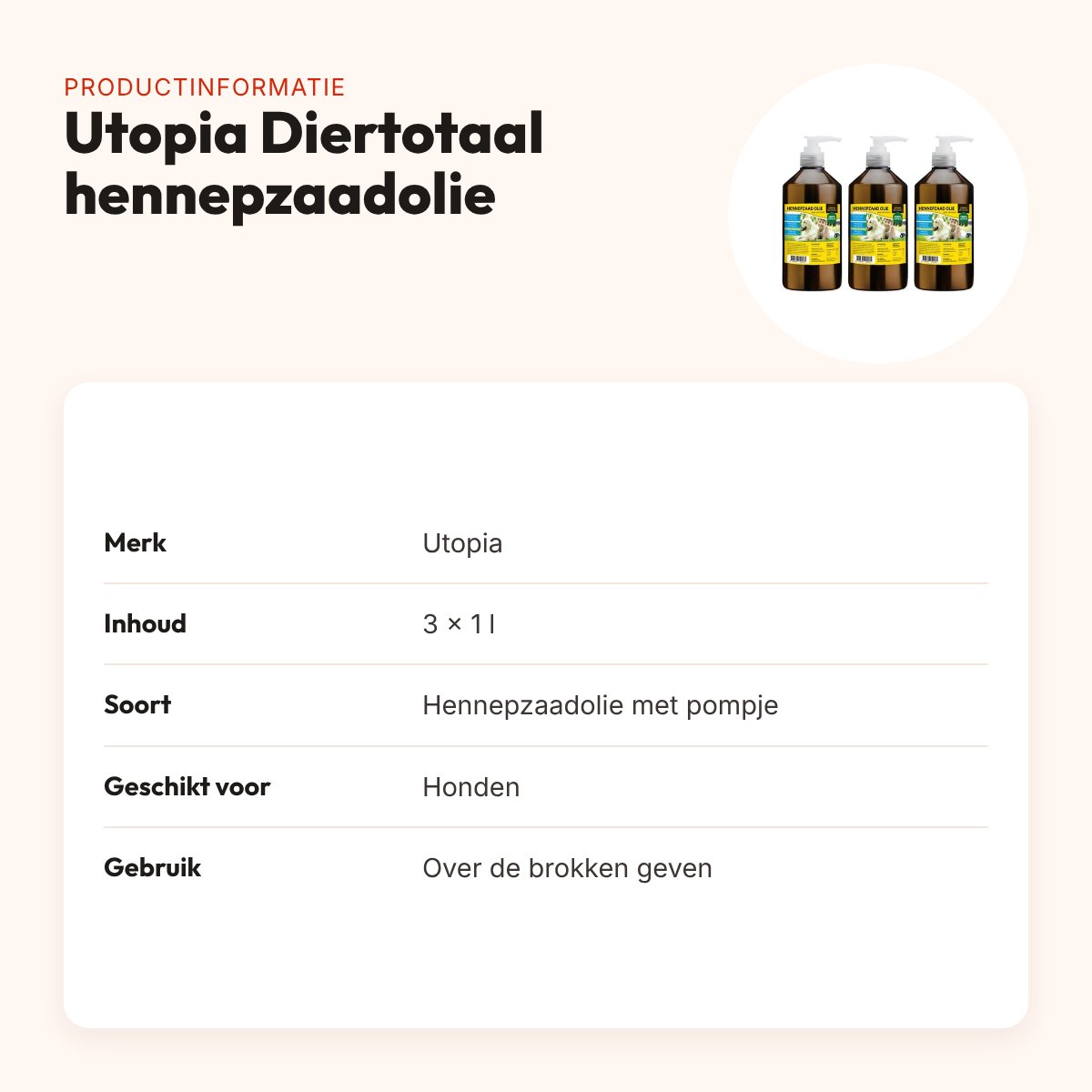 Utopia Diertotaal hennepzaadolie met pompje 1 l – multipack 3 stuks – productinformatie