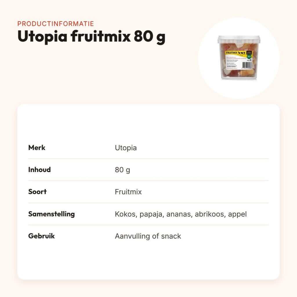 Utopia fruitmix 80 g – met kokos, papaja, ananas, abrikoos en appel – productinformatie