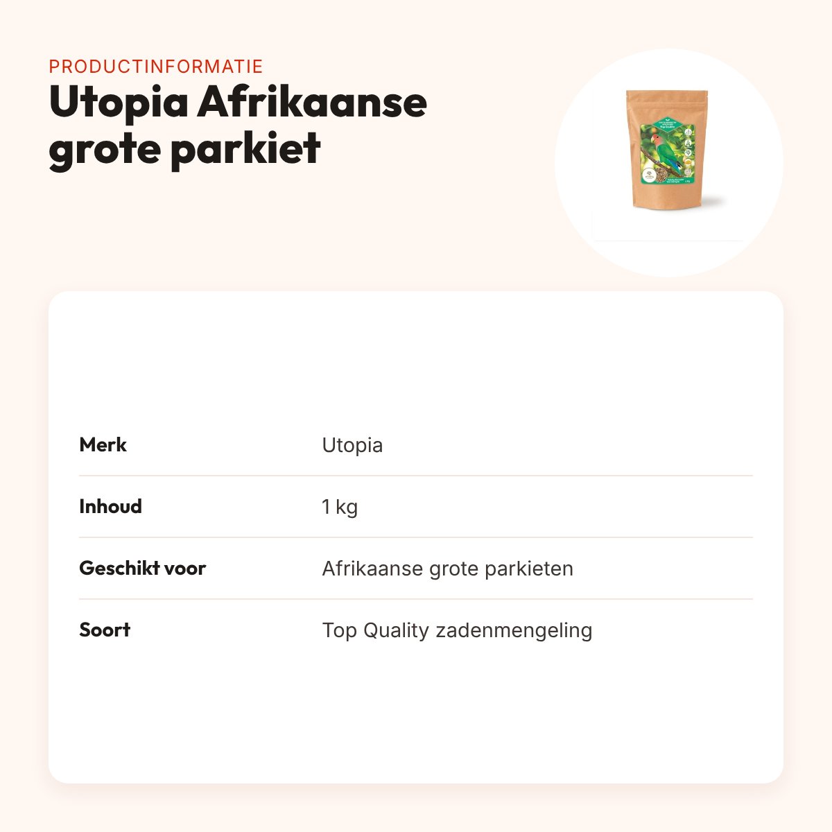 Utopia grote parkieten Afrikaans Top Quality 1 kg – met tijmpoeder – productinformatie