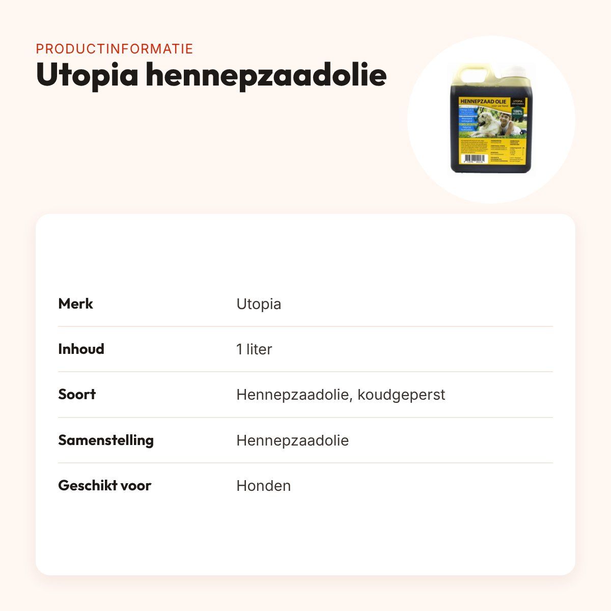 Utopia hennepzaadolie 1 liter – koudgeperst, voor honden – productinformatie