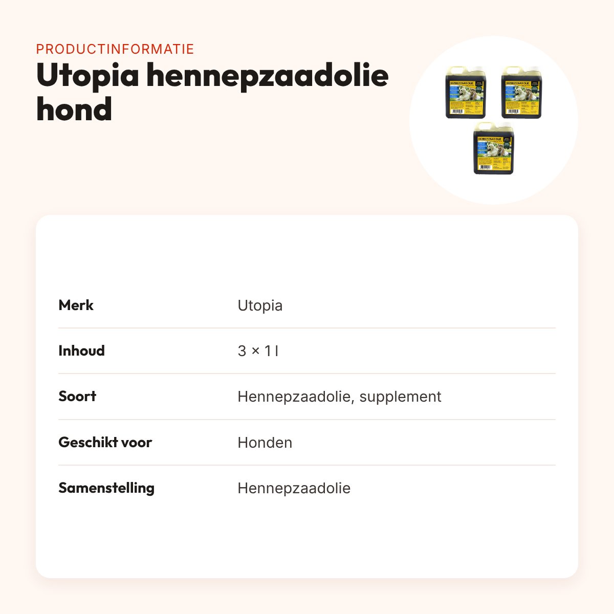 Utopia hennepzaadolie hond 1 l – koudgeperst – multipack 3 stuks – productinformatie