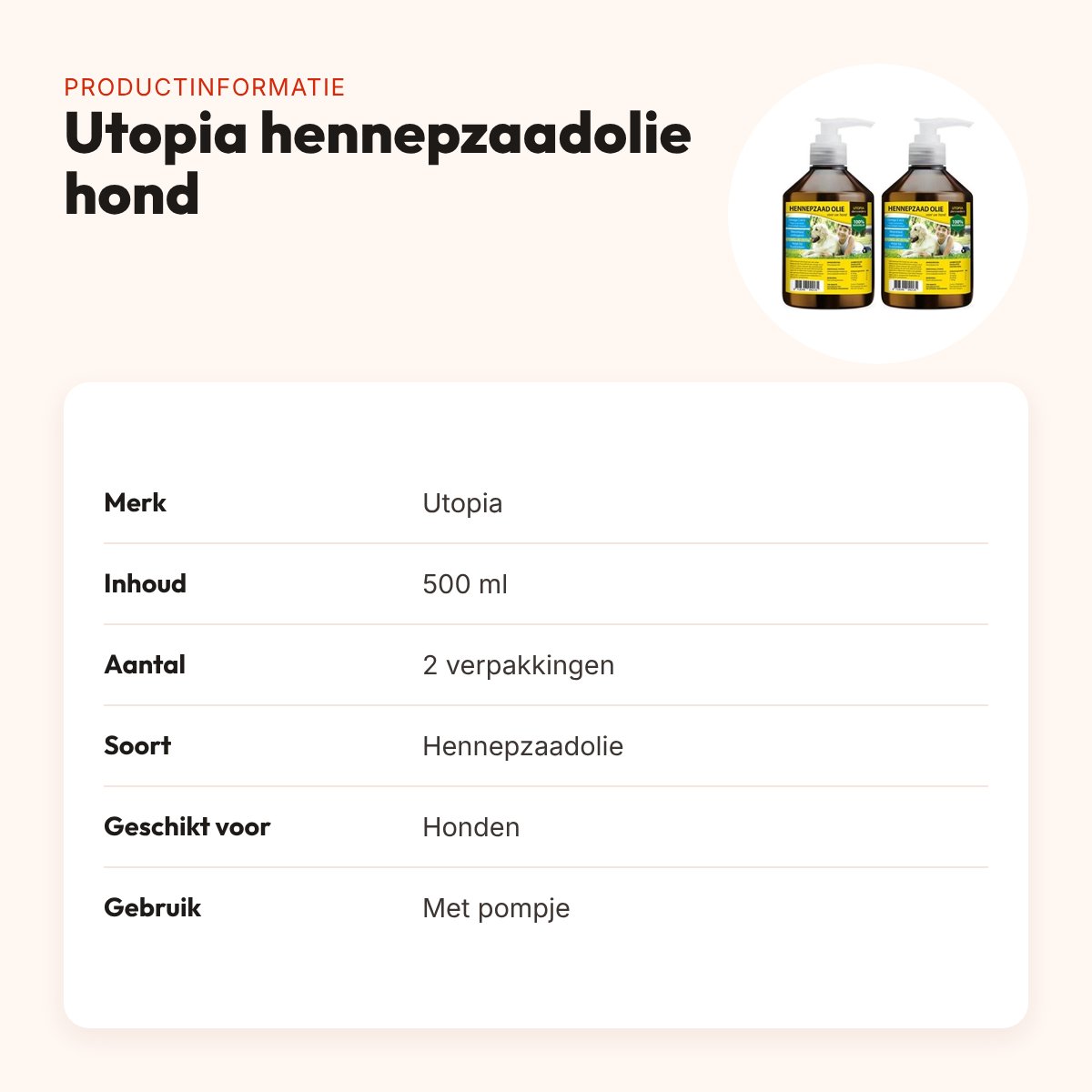 Utopia hennepzaadolie hond 500 ml met pompje – multipack 2 stuks – productinformatie