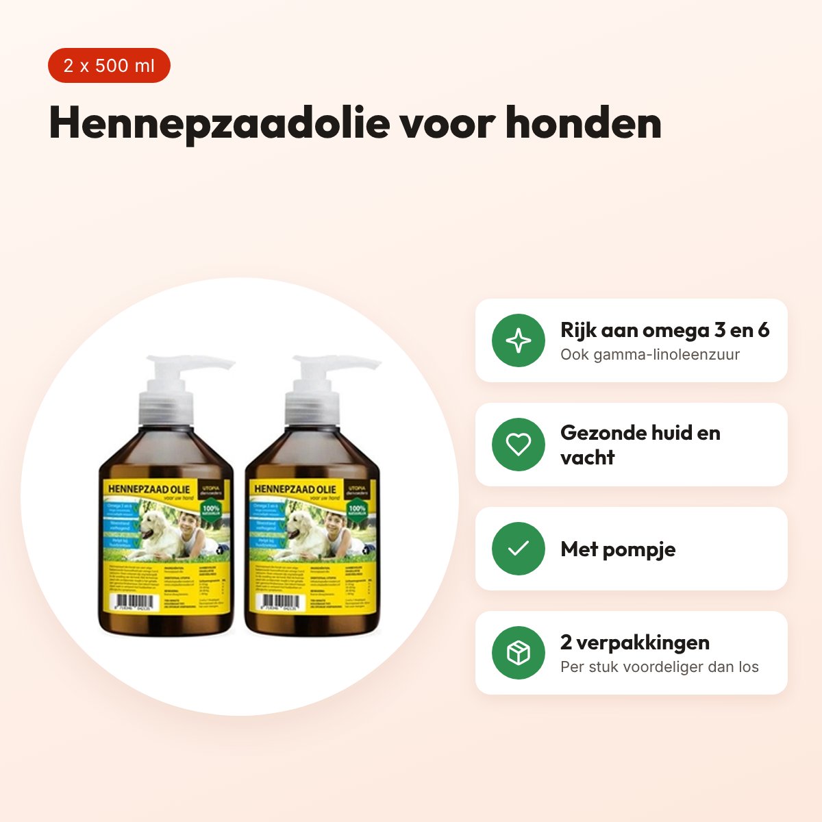 Utopia hennepzaadolie hond 500 ml met pompje – multipack 2 stuks – voordelen