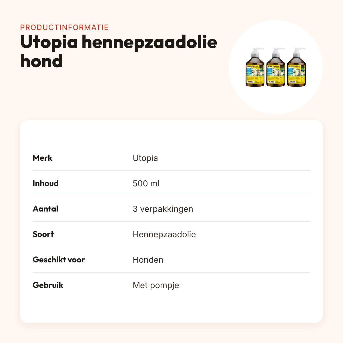 Utopia hennepzaadolie hond 500 ml met pompje – multipack 3 stuks – productinformatie