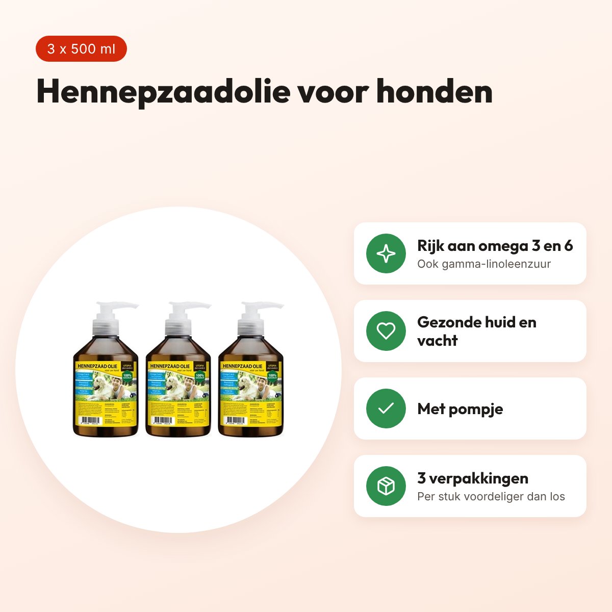 Utopia hennepzaadolie hond 500 ml met pompje – multipack 3 stuks – voordelen