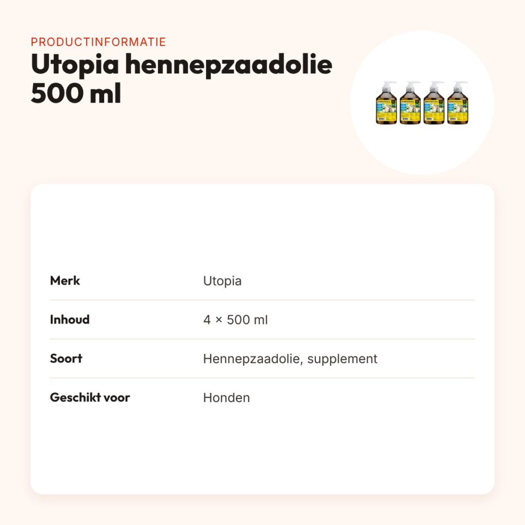 Utopia hennepzaadolie hond 500 ml met pompje – multipack 4 stuks – productinformatie