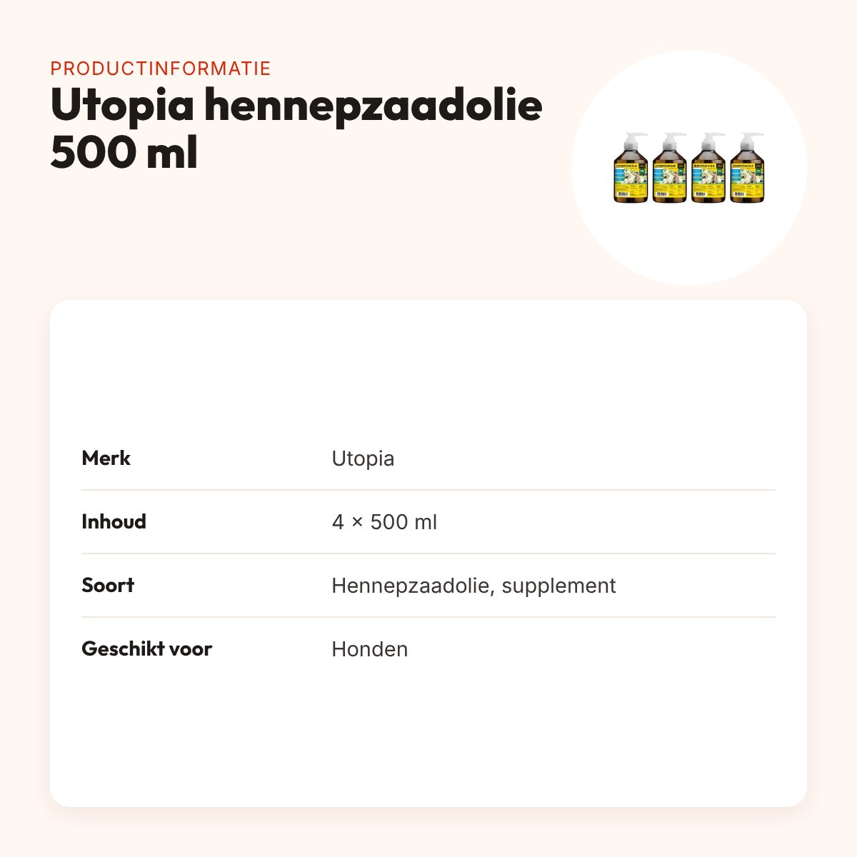 Utopia hennepzaadolie hond 500 ml met pompje – multipack 4 stuks – productinformatie