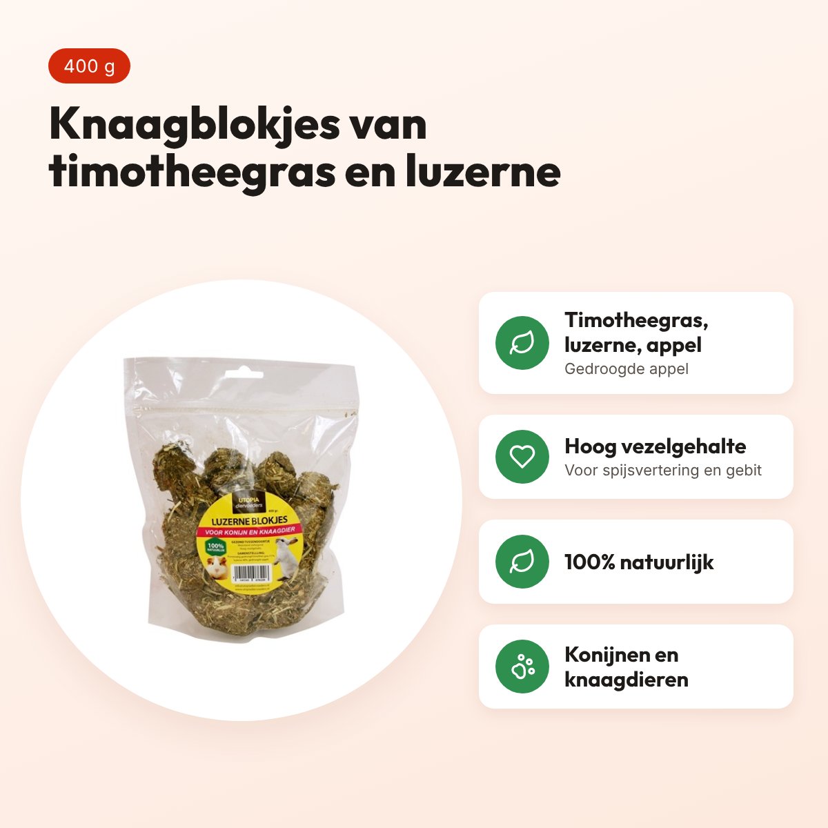 Utopia luzerneblokjes 400 g – knaagsnack voor konijnen en knaagdieren – voordelen