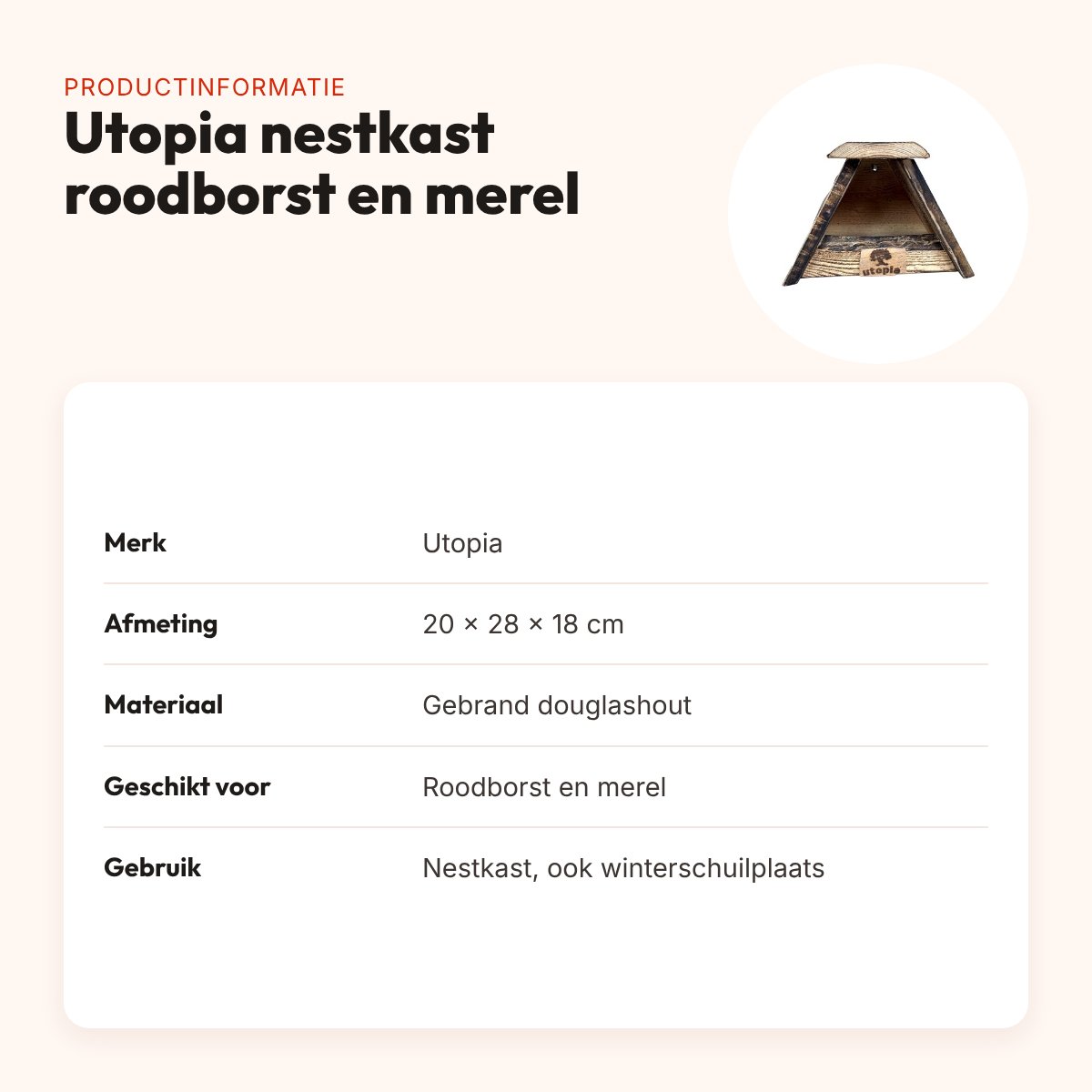 Utopia nestkast roodborst en merel 20 x 28 x 18 cm – gebrand douglashout – productinformatie