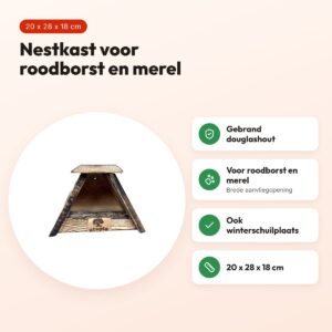 Utopia nestkast roodborst en merel 20 x 28 x 18 cm – gebrand douglashout – voordelen