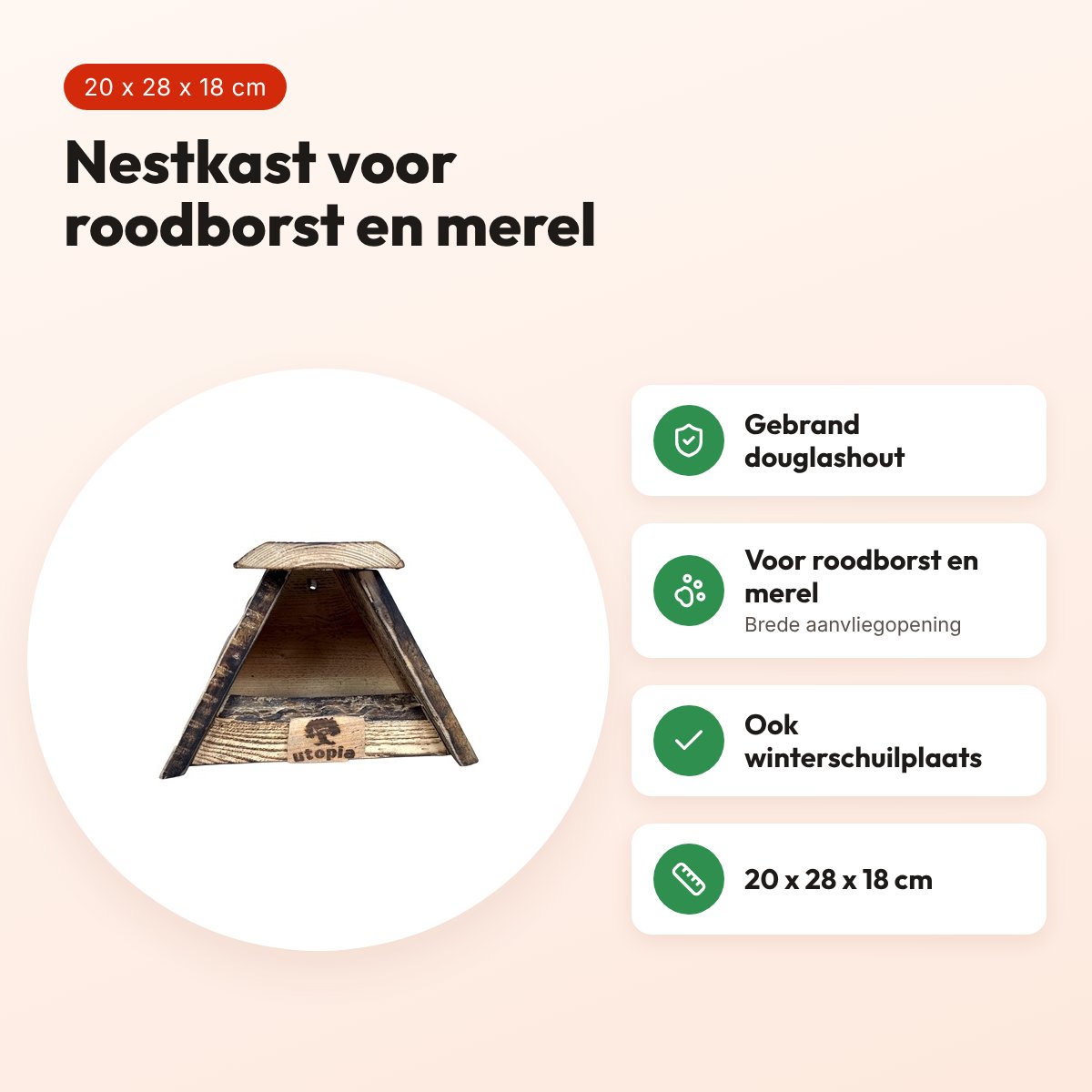 Utopia nestkast roodborst en merel 20 x 28 x 18 cm – gebrand douglashout – voordelen