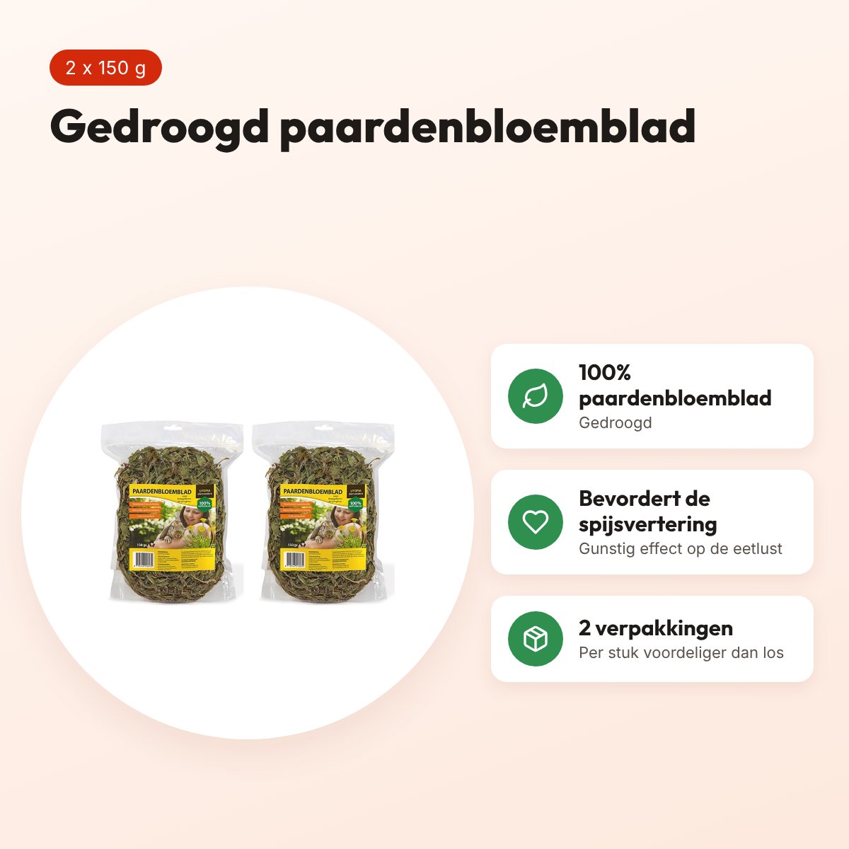 Utopia paardenbloemblad 150 g – gedroogd diervoeder – multipack 2 stuks – voordelen