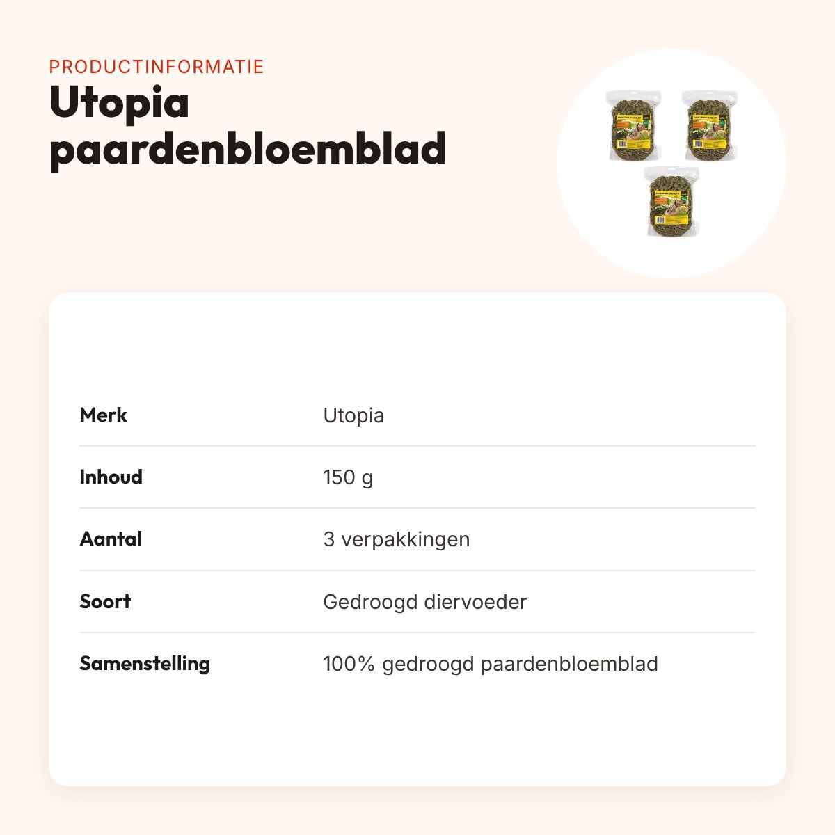 Utopia paardenbloemblad 150 g – gedroogd diervoeder – multipack 3 stuks – productinformatie