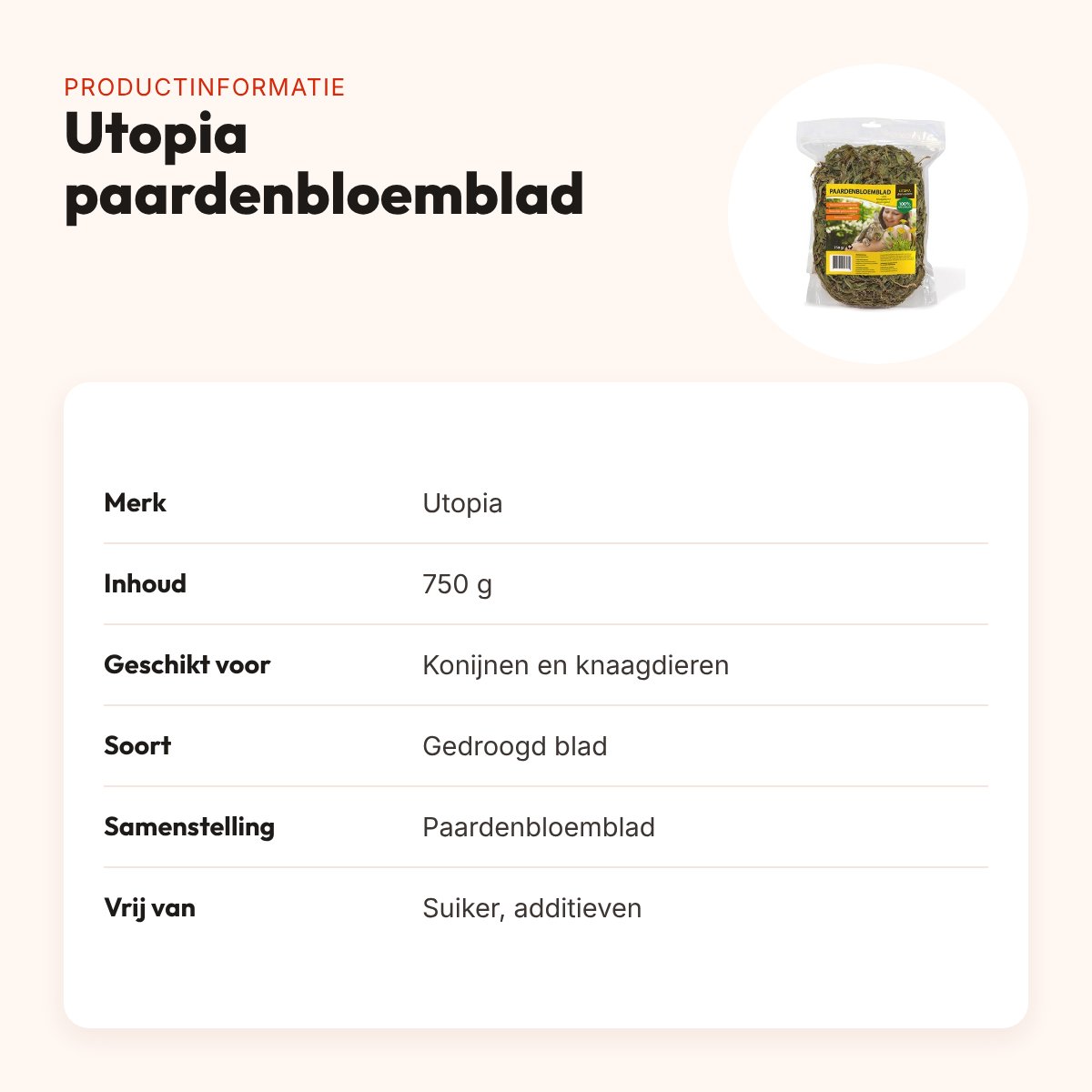 Utopia paardenbloemblad 750 g – voor konijnen en knaagdieren – productinformatie