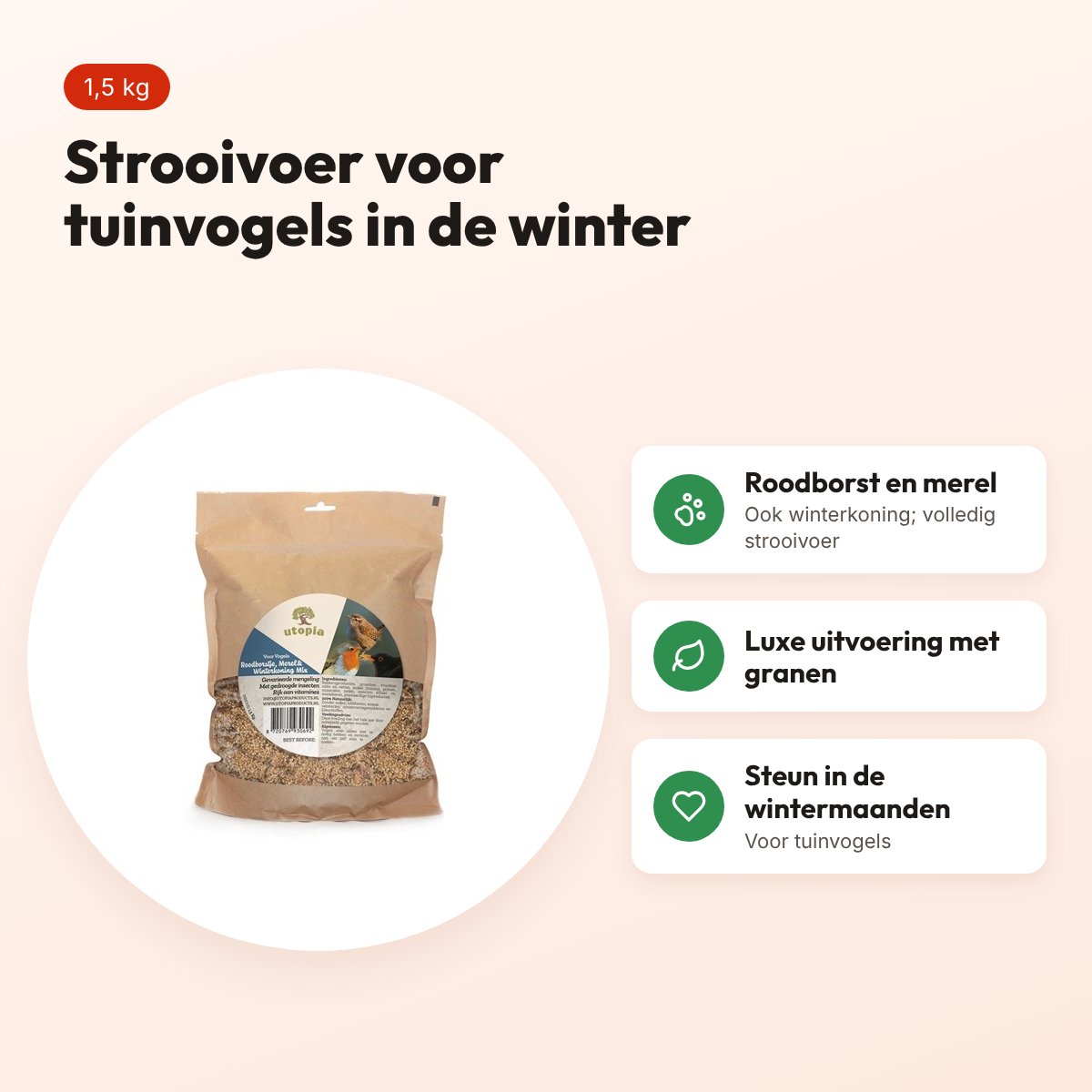 Utopia Roodborst/Merel/Winterkoning Mix strooivoer 1,5 kg – voordelen