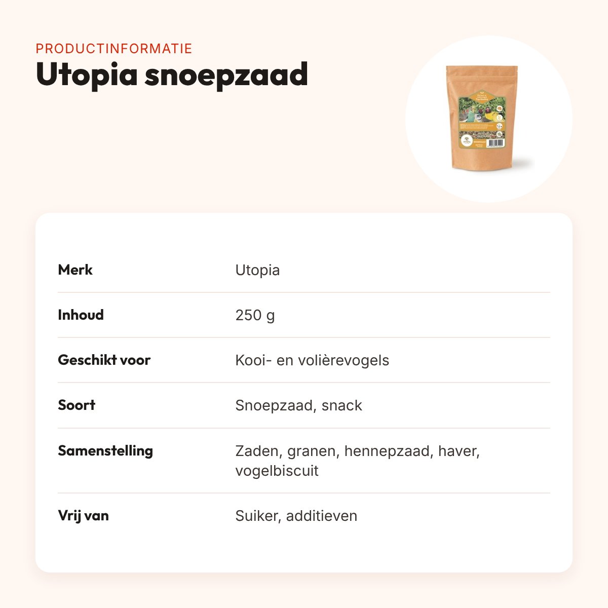 Utopia snoepzaad 250 g – snack voor kooi- en volièrevogels – productinformatie