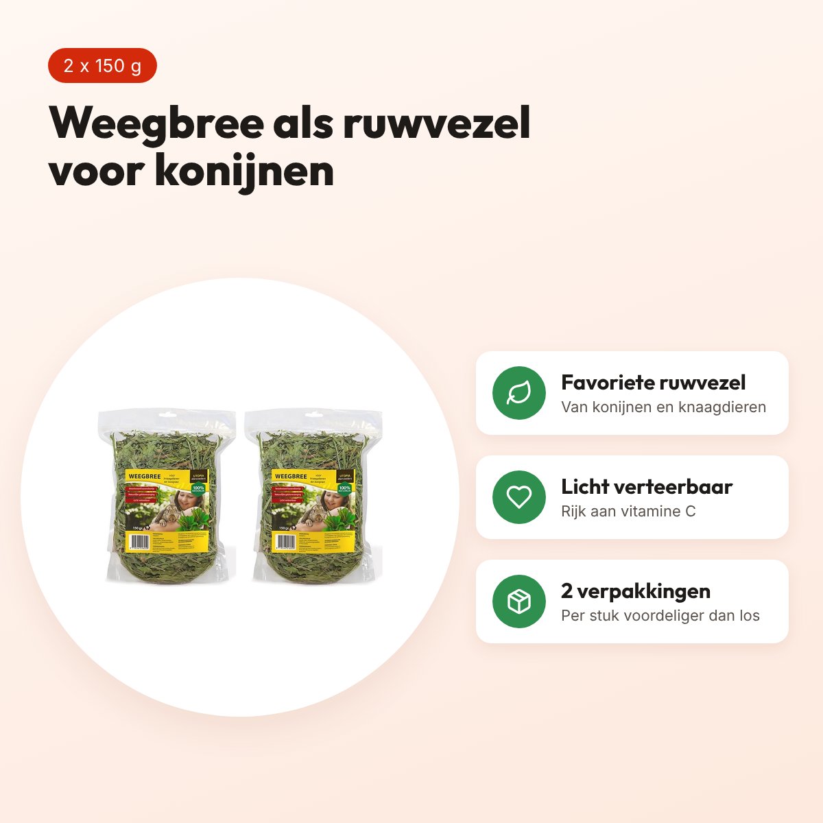 Utopia weegbree konijnenvoer 150 g – ruwe celstof – multipack 2 stuks – voordelen