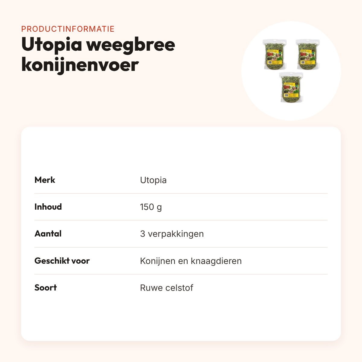 Utopia weegbree konijnenvoer 150 g – ruwe celstof – multipack 3 stuks – productinformatie