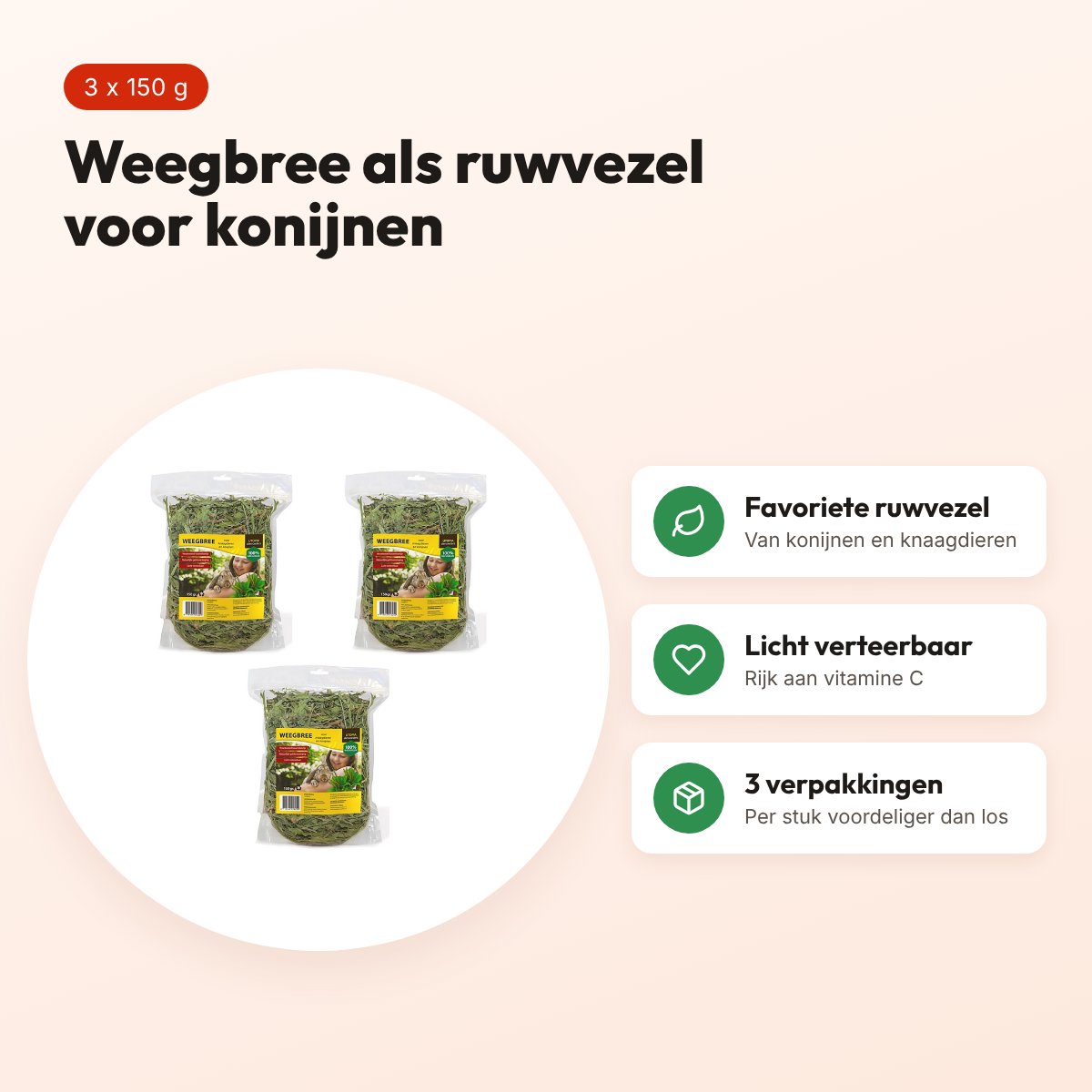 Utopia weegbree konijnenvoer 150 g – ruwe celstof – multipack 3 stuks – voordelen