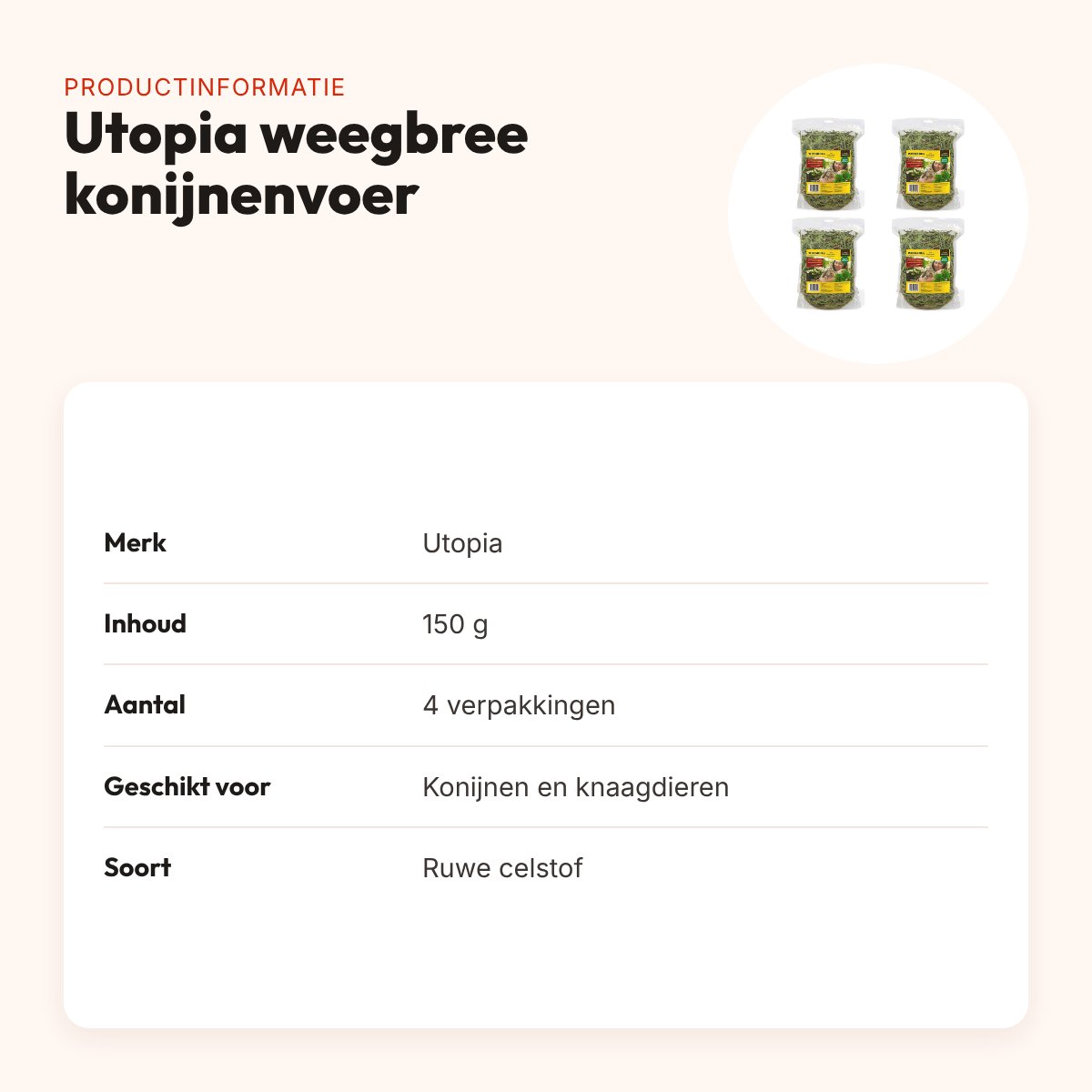 Utopia weegbree konijnenvoer 150 g – ruwe celstof – multipack 4 stuks – productinformatie