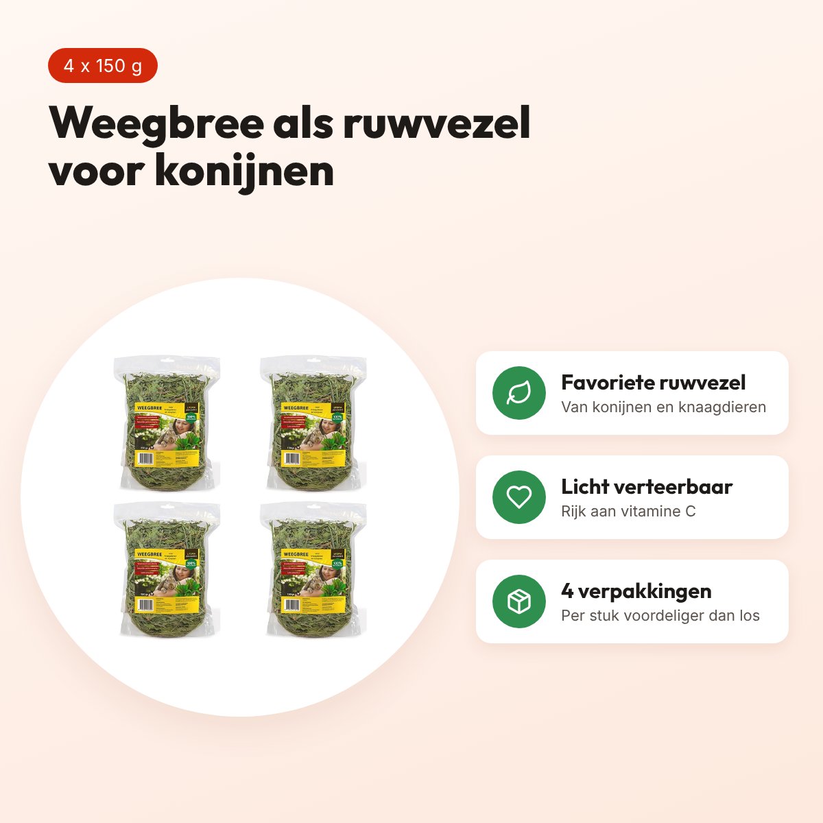 Utopia weegbree konijnenvoer 150 g – ruwe celstof – multipack 4 stuks – voordelen