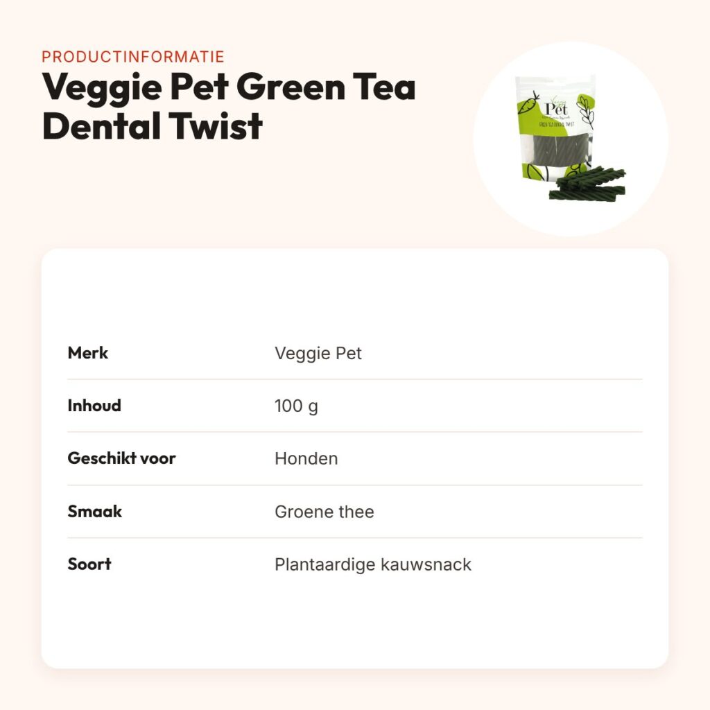 Veggie Pet kauwsnacks Green Tea Dental Twist 100 g – plantaardig – productinformatie