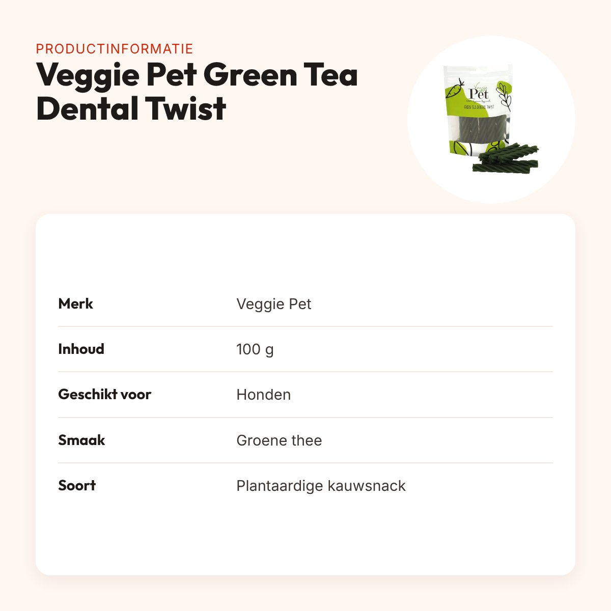 Veggie Pet kauwsnacks Green Tea Dental Twist 100 g – plantaardig – productinformatie