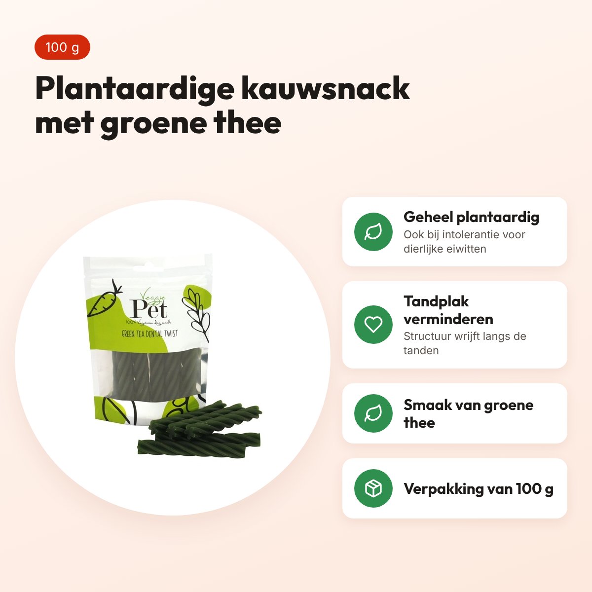 Veggie Pet kauwsnacks Green Tea Dental Twist 100 g – plantaardig – voordelen