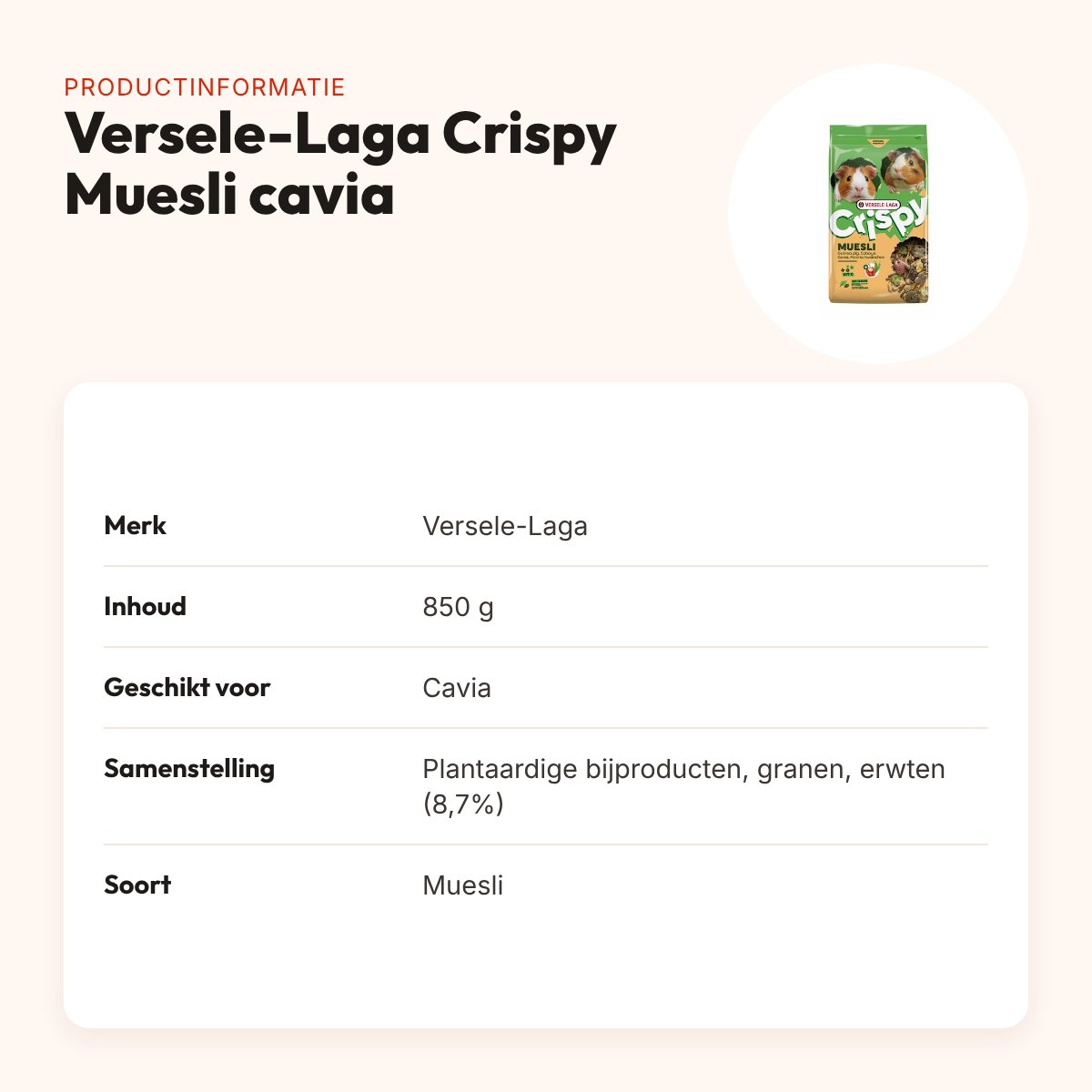 Versele-Laga Crispy Muesli cavia 850 g – met extra vitamine C – productinformatie