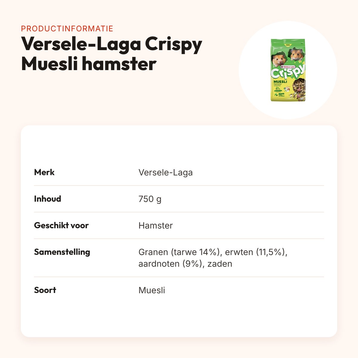 Versele-Laga Crispy Muesli hamster 750 g – productinformatie