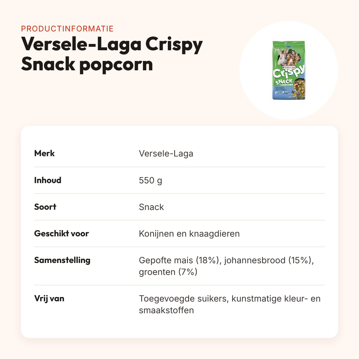 Versele-Laga Crispy Snack met popcorn 550 g – knaagdiersnack – productinformatie