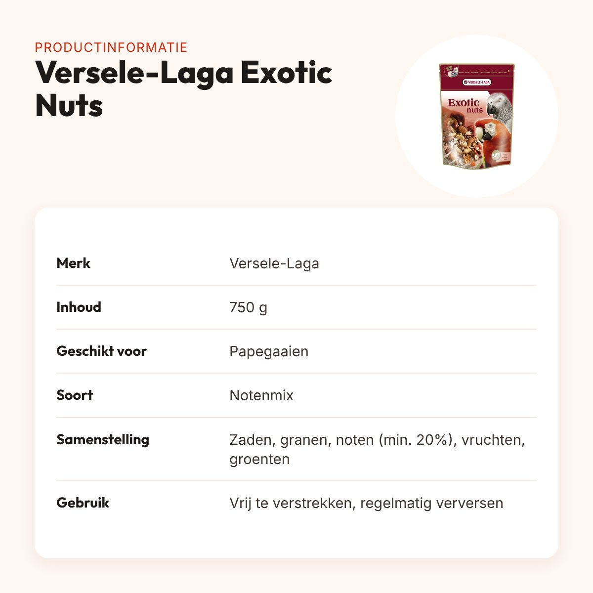 Versele-Laga Exotic Nuts papegaaienvoer 750 g – notenmix – productinformatie