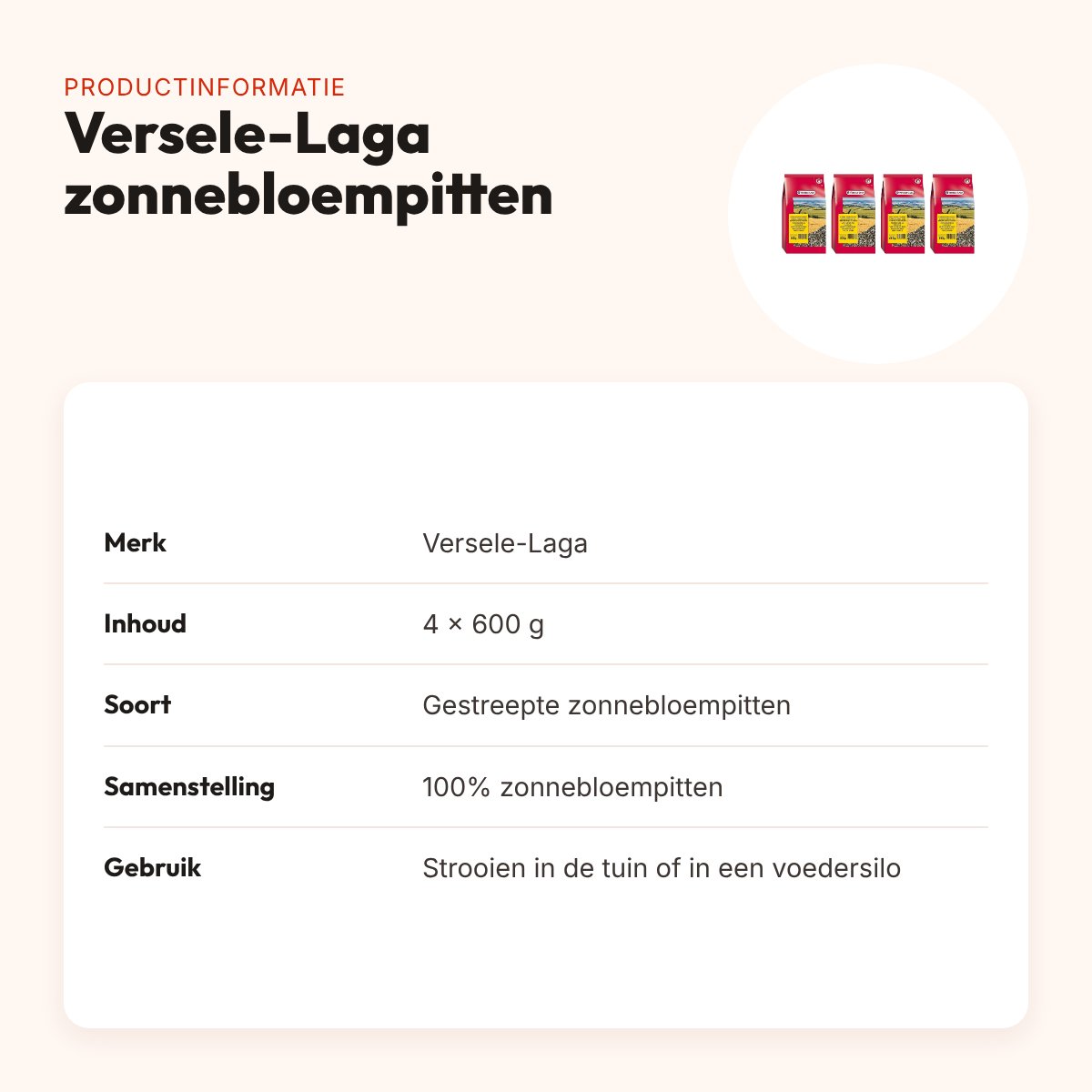 Versele-Laga gestreepte zonnebloempitten 600 g – multipack 4 stuks – productinformatie