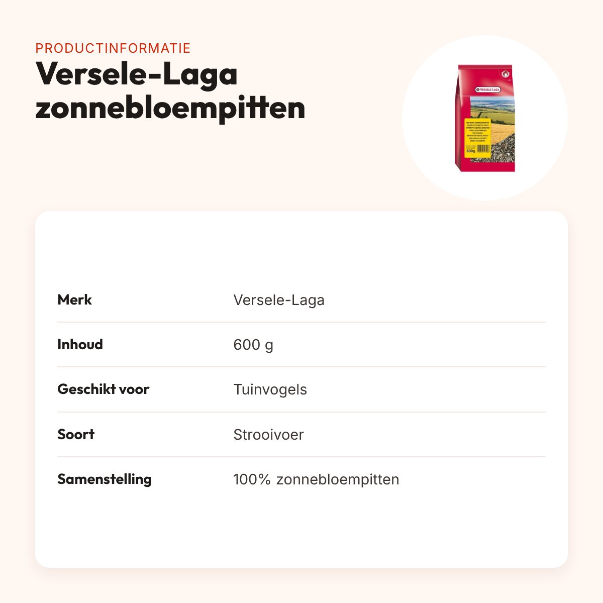 Versele-Laga gestreepte zonnebloempitten 600 g – strooivoer voor tuinvogels – productinformatie