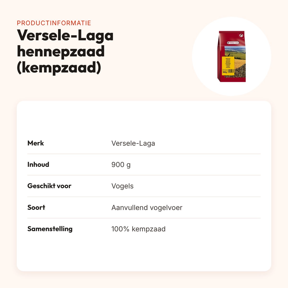 Versele-Laga hennepzaad (kempzaad) 900 g – aanvullend vogelvoer – productinformatie