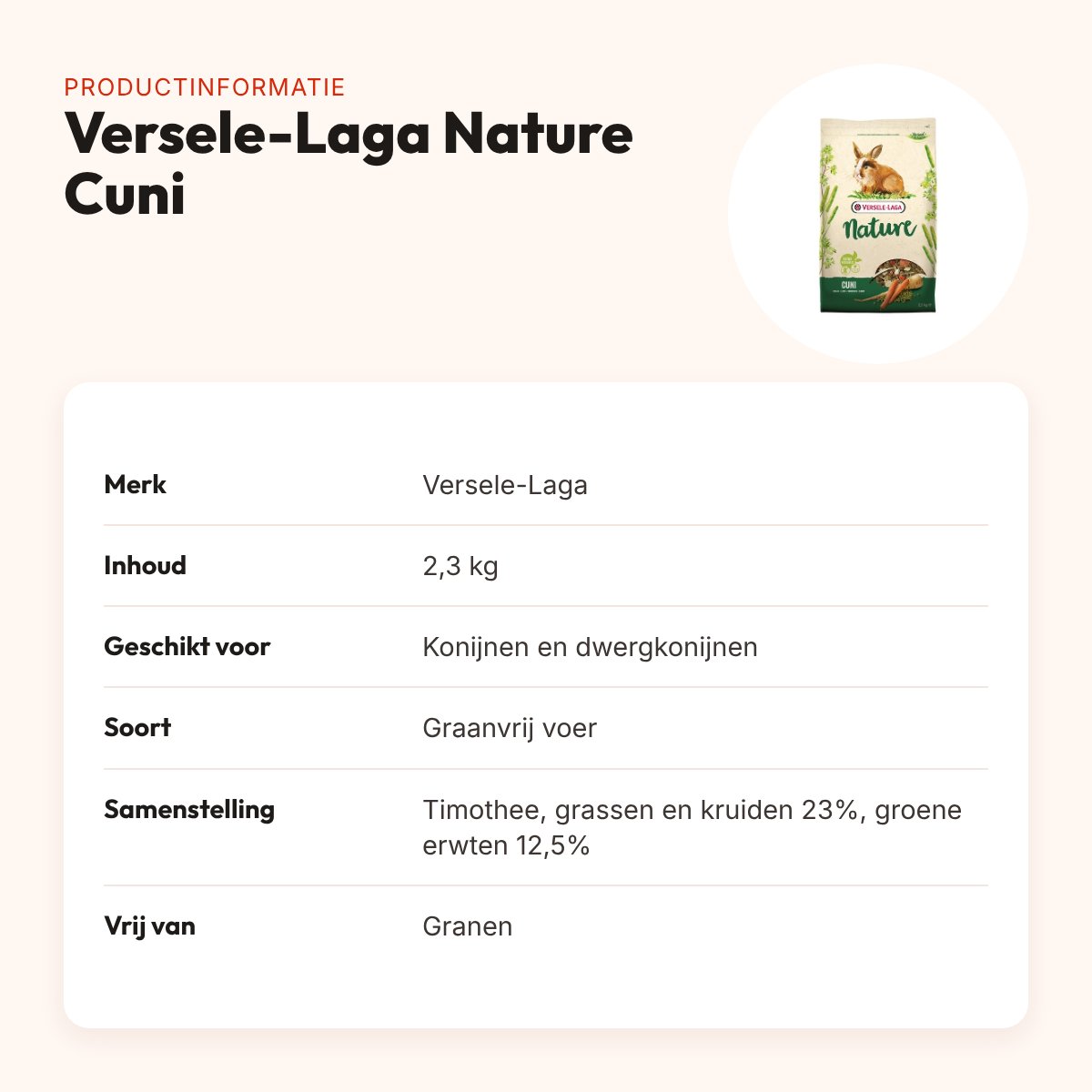 Versele-Laga Nature Cuni konijnenvoer graanvrij 2,3 kg – productinformatie