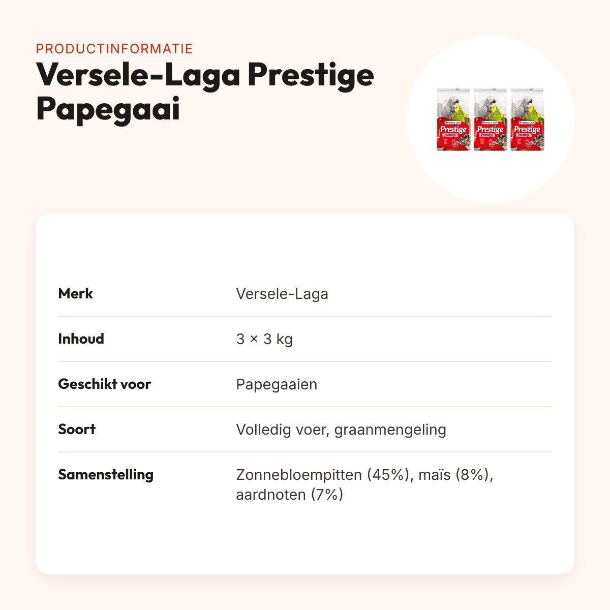 Versele-Laga papegaaienvoer Prestige Papegaai 3 kg – multipack 3 stuks – productinformatie